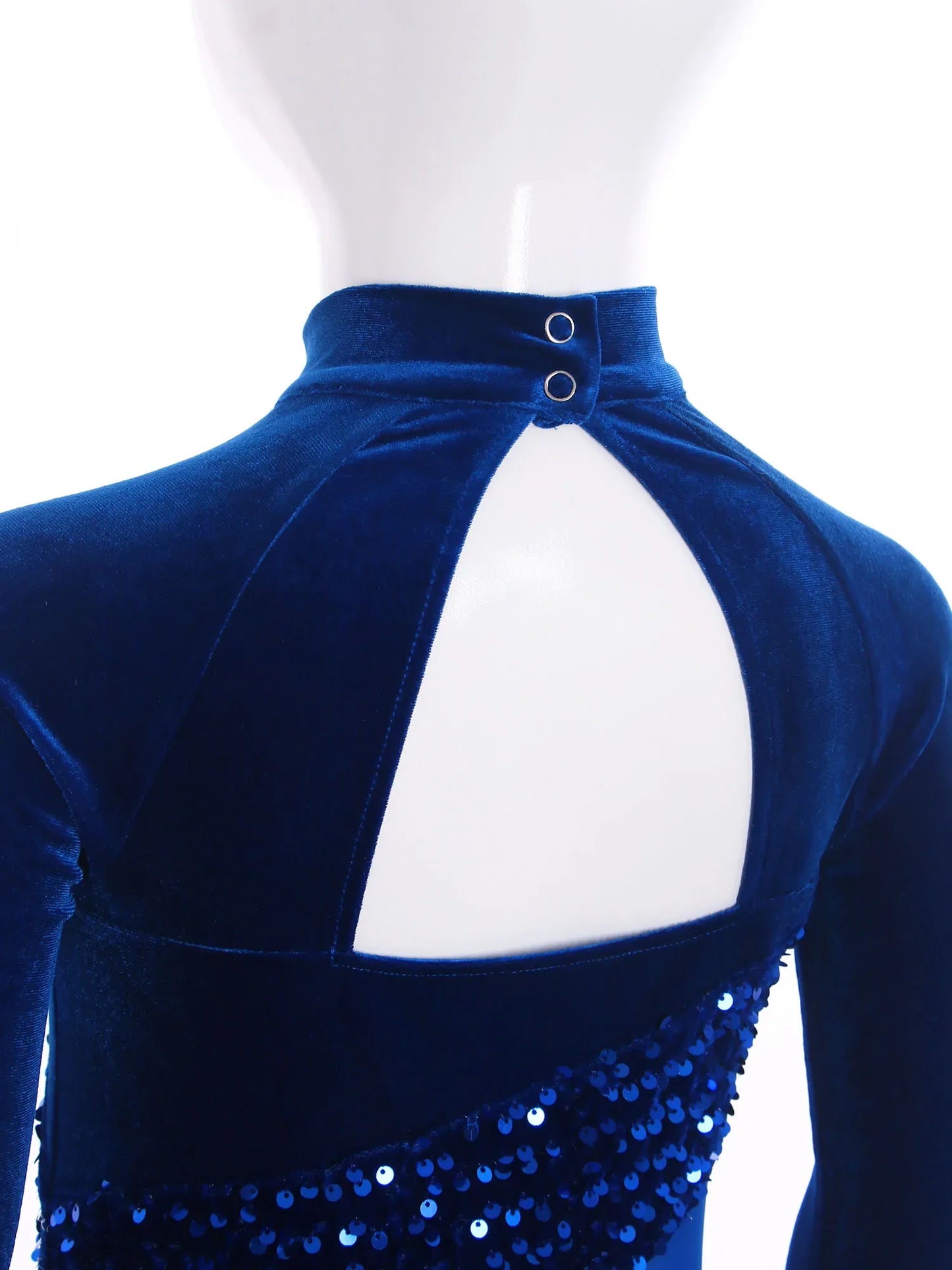 Girls Figure Skating Dance Costume Sequin Long Sleeve Velvet Mesh Leotard Dress (Age 6-14 YRS)