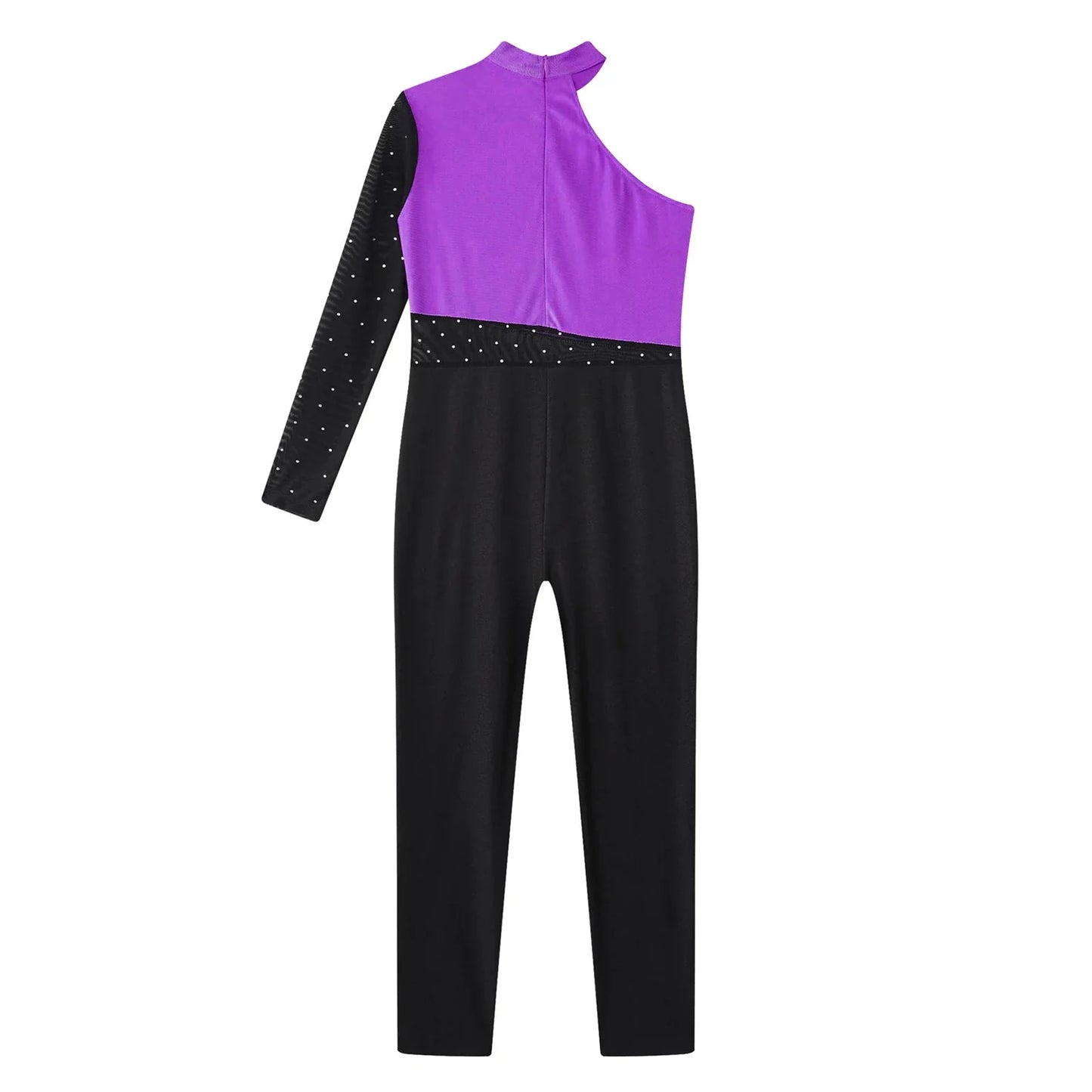 Girls Gymnastics Rhinestones Sheer Mesh Jumpsuit (Age 6-16 YRS)