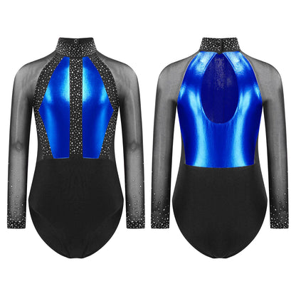 Girls Dance Performance Costume Long Sleeve Rhinestone Leotard (Age 6-16 YRS)
