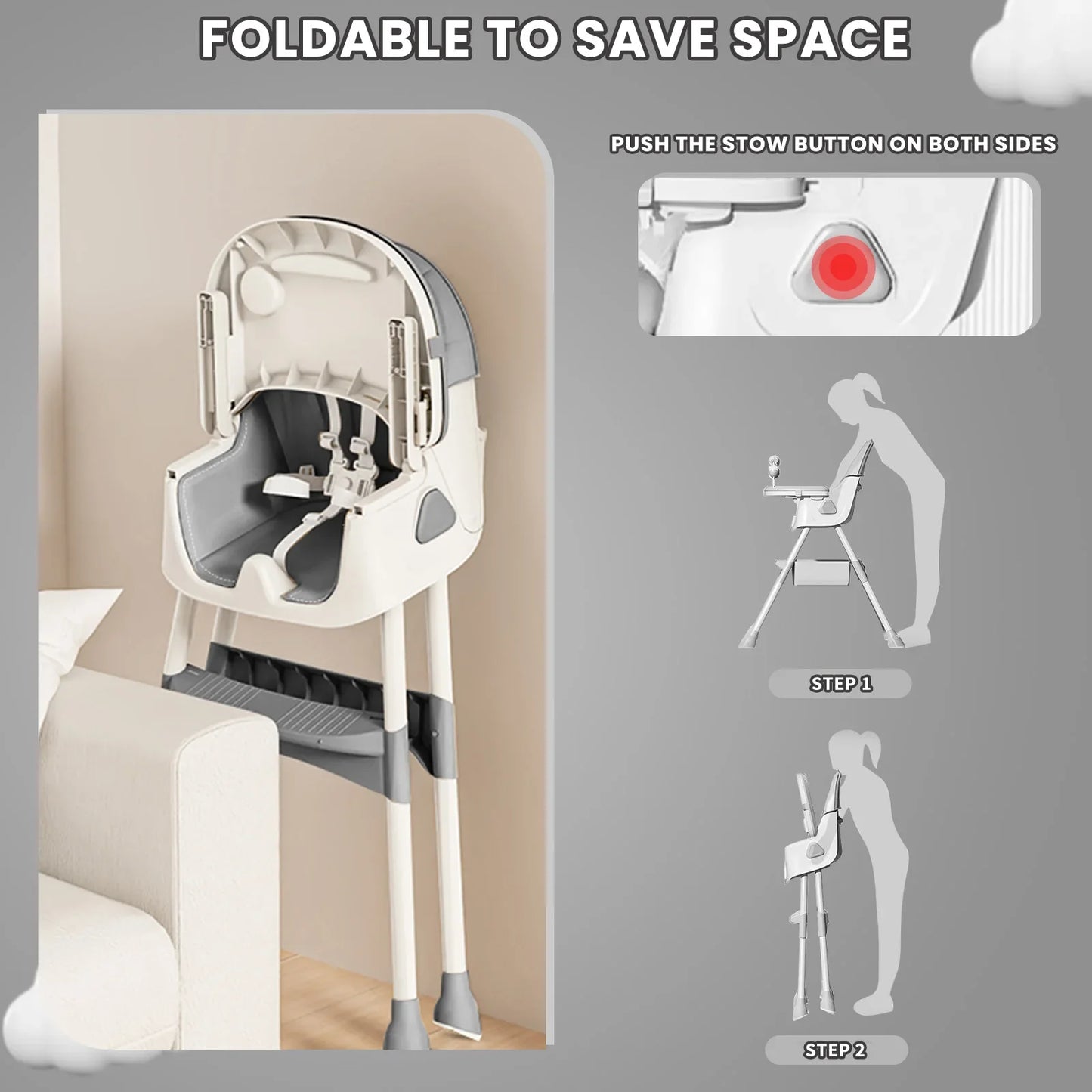 Foldable Baby High Chair 6 Months Plus, with Large Antislip Pad & ToyRack, Easy to Clean Feeding