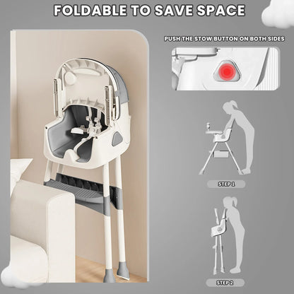 Foldable Baby High Chair 6 Months Plus, with Large Antislip Pad & ToyRack, Easy to Clean Feeding