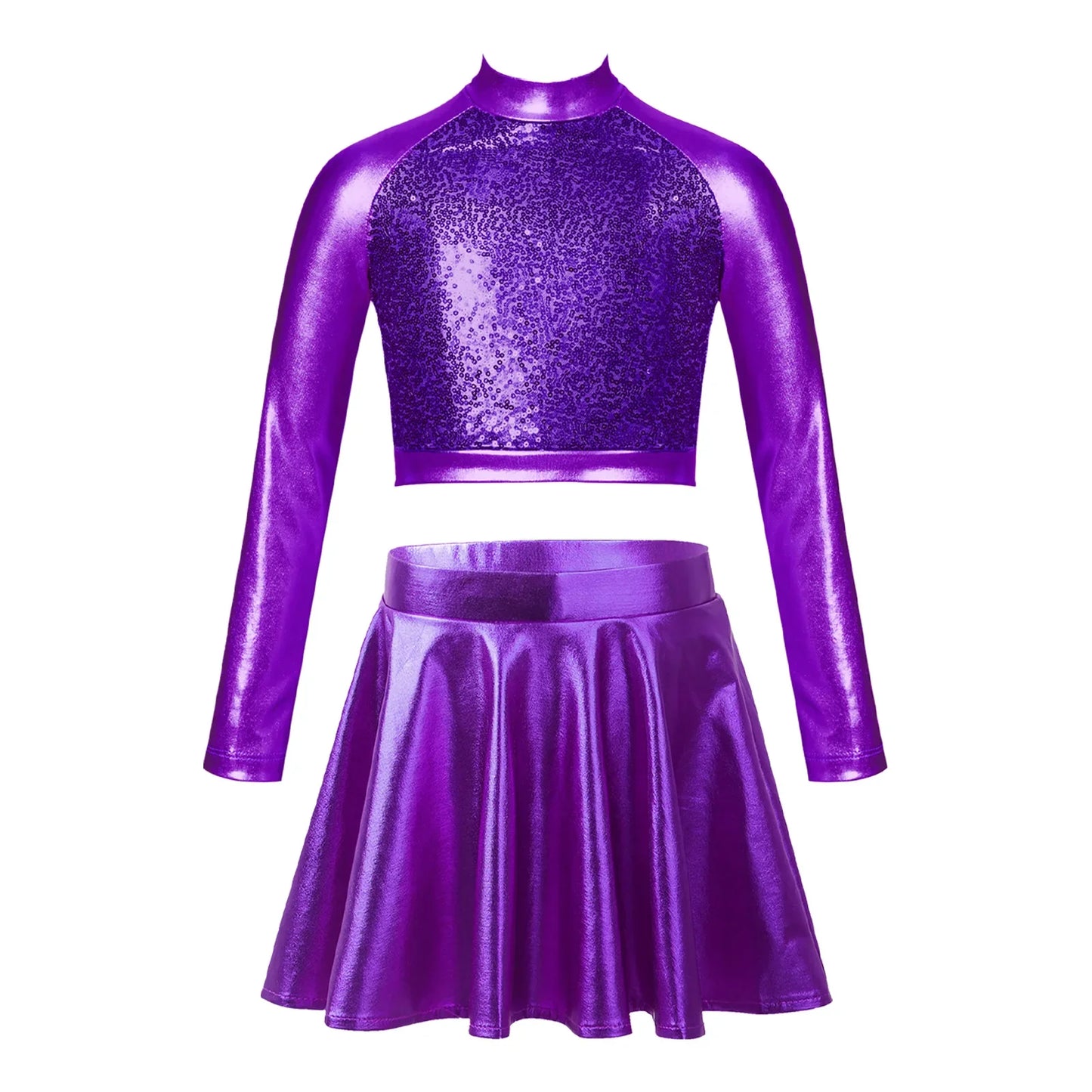 Girls Dance Metallic Long Sleeve Sequin Crop Top & Skirt (Age 6-14YRS)