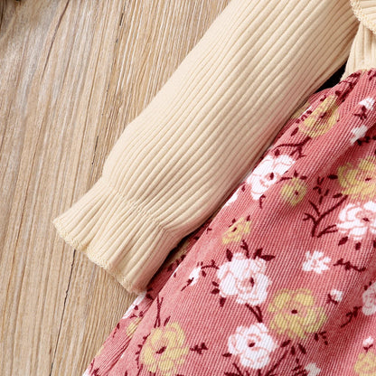 Baby Girls Ribbed Ruffle Long-sleeve Floral Print Dress (Age 3M-3YRS)