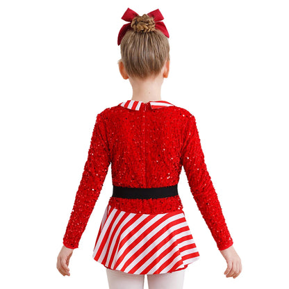 Girls Christmas Candy Cane Long Sleeve Sequin Stripe Costume (Age 6-16 YRS)