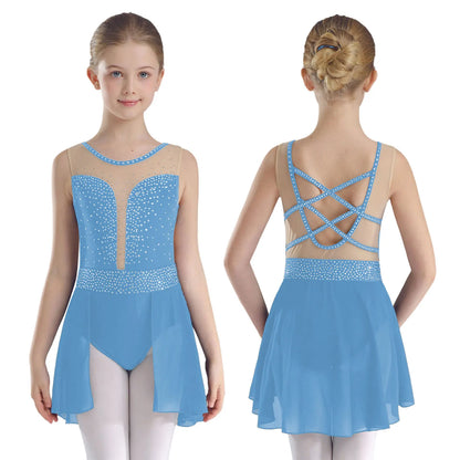Rhinestone Gymnastics Figure Skating Dress for Teen Girls Sleeveless Sheer Mesh Tutu Ballet Leotard Lyrical Performance Costume
