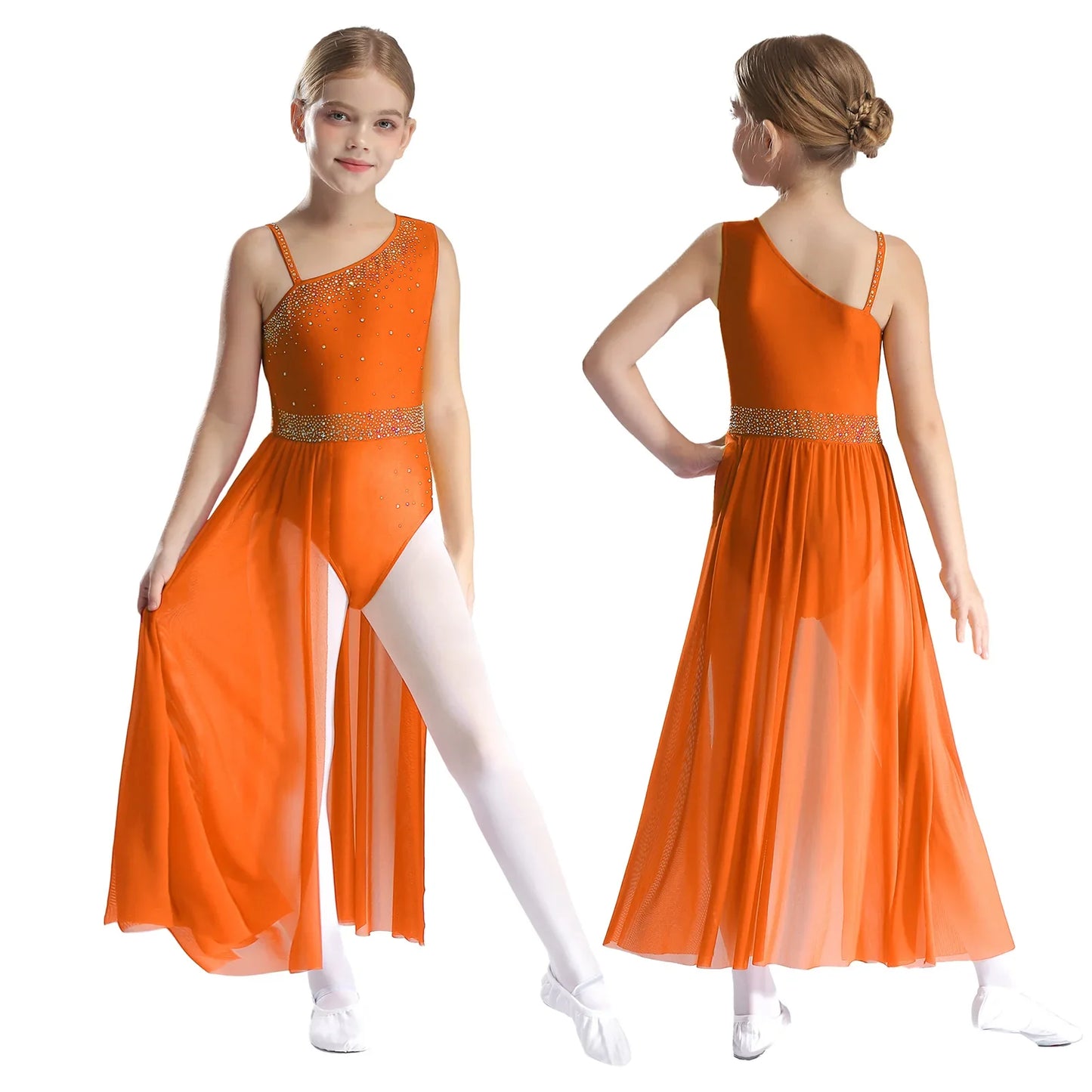 Girls Dance Costume Ballet Rhinestones Sleeveless Sheer Mesh Leotard Dress (Age 6-16 YRS)