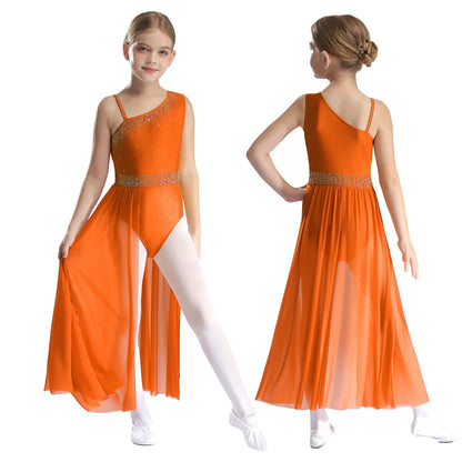 Girls Dance Costume Ballet Rhinestones Sleeveless Sheer Mesh Leotard Dress (Age 6-16 YRS)