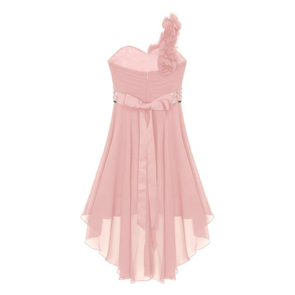 Girls Applique One-Shoulder Ruched Asymmetrical Hem Dress (Age 6-16YRS)