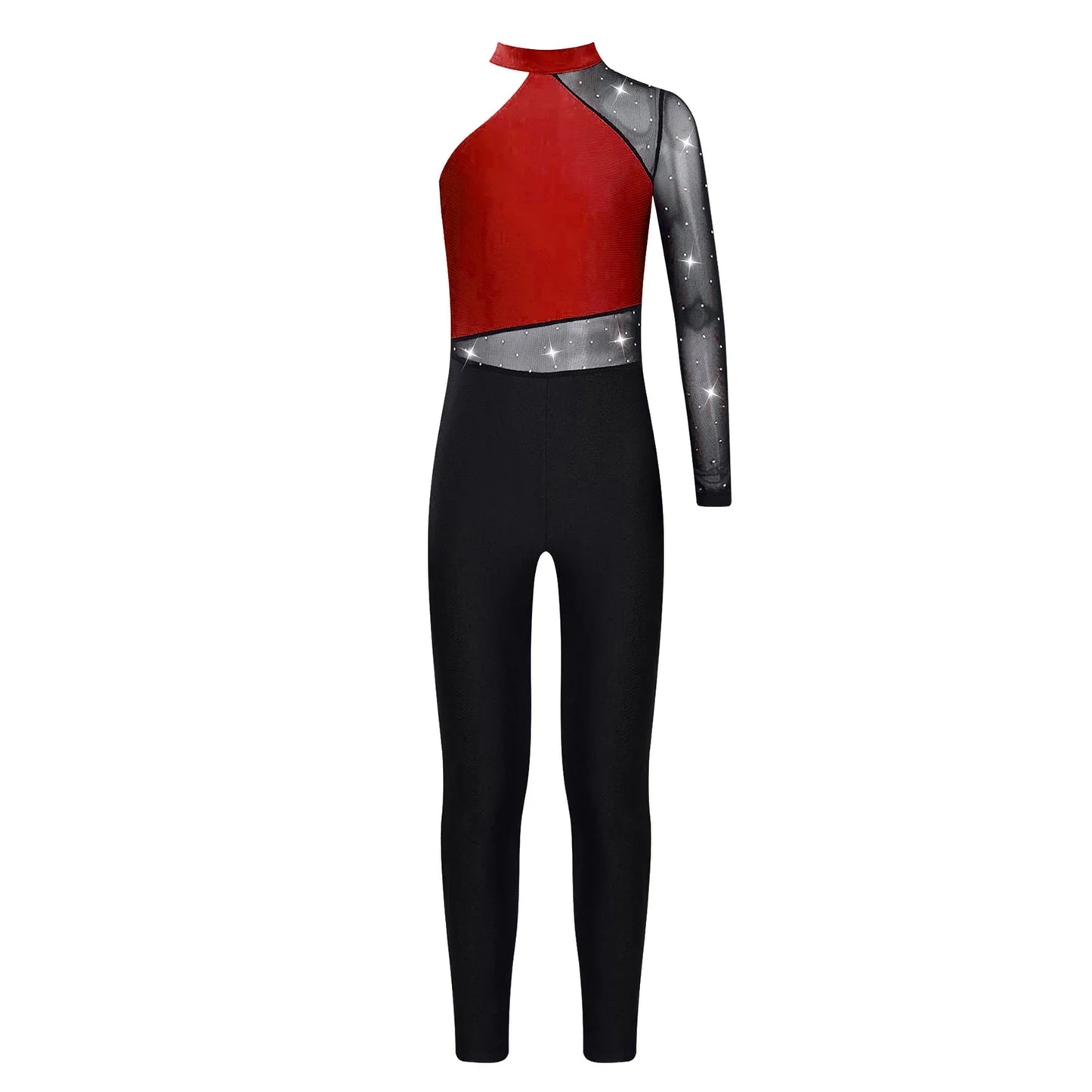 Girls Gymnastics Rhinestones Sheer Mesh Jumpsuit (Age 6-16 YRS)