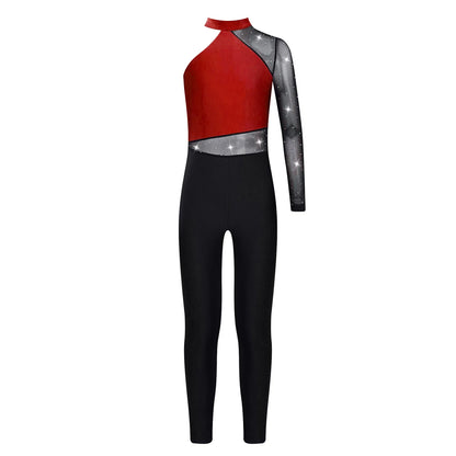 Girls Gymnastics Rhinestones Sheer Mesh Jumpsuit (Age 6-16 YRS)