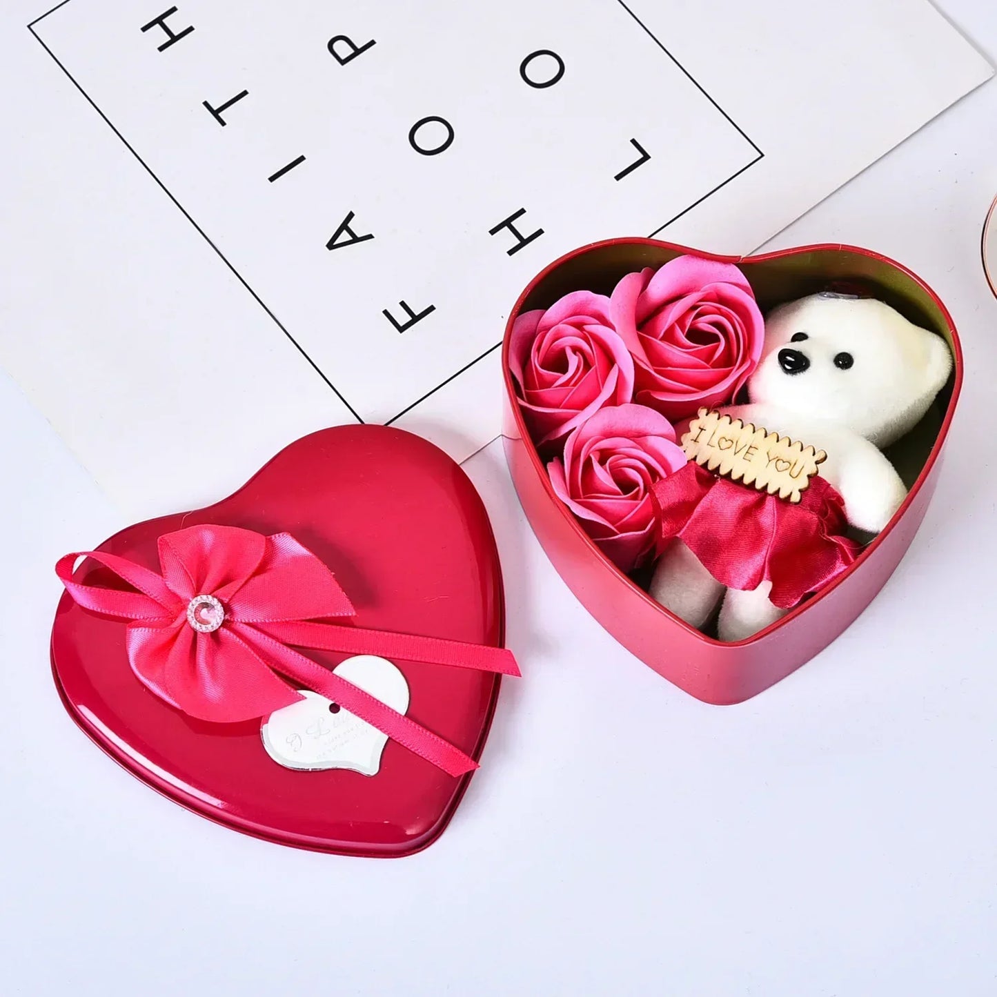 Heart Shaped Soap Flower Teddy Bear Gift Box Rose Red