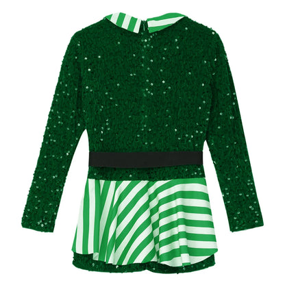 Girls Christmas Candy Cane Long Sleeve Sequin Stripe Costume (Age 6-16 YRS)