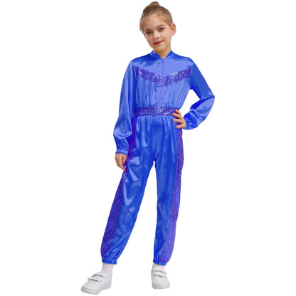 Girls Sequin Satin m Long Sleeve Zipper Jumpsuit (Age 6-16 YRS)