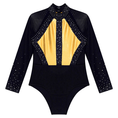 Girls Dance Performance Costume Long Sleeve Rhinestone Leotard (Age 6-16 YRS)