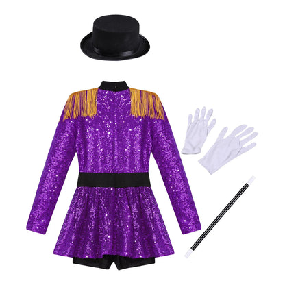 Girls Halloween Circus Ringmaster  Costume Long Sleeve Sequin Leotard Dress (Age 6-14YRS)