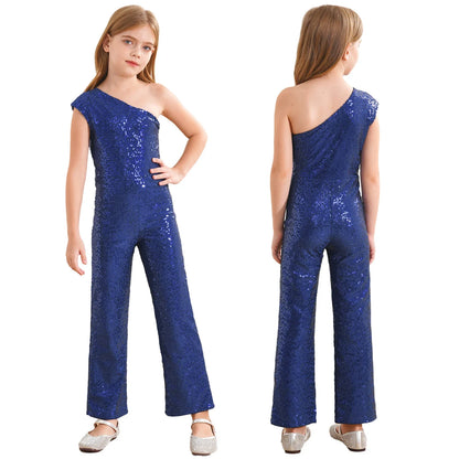 Girls Sequin One Shoulder Jumpsuit (Age 6-16YRS)