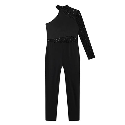 Girls Gymnastics Rhinestones Sheer Mesh Jumpsuit (Age 6-16 YRS)