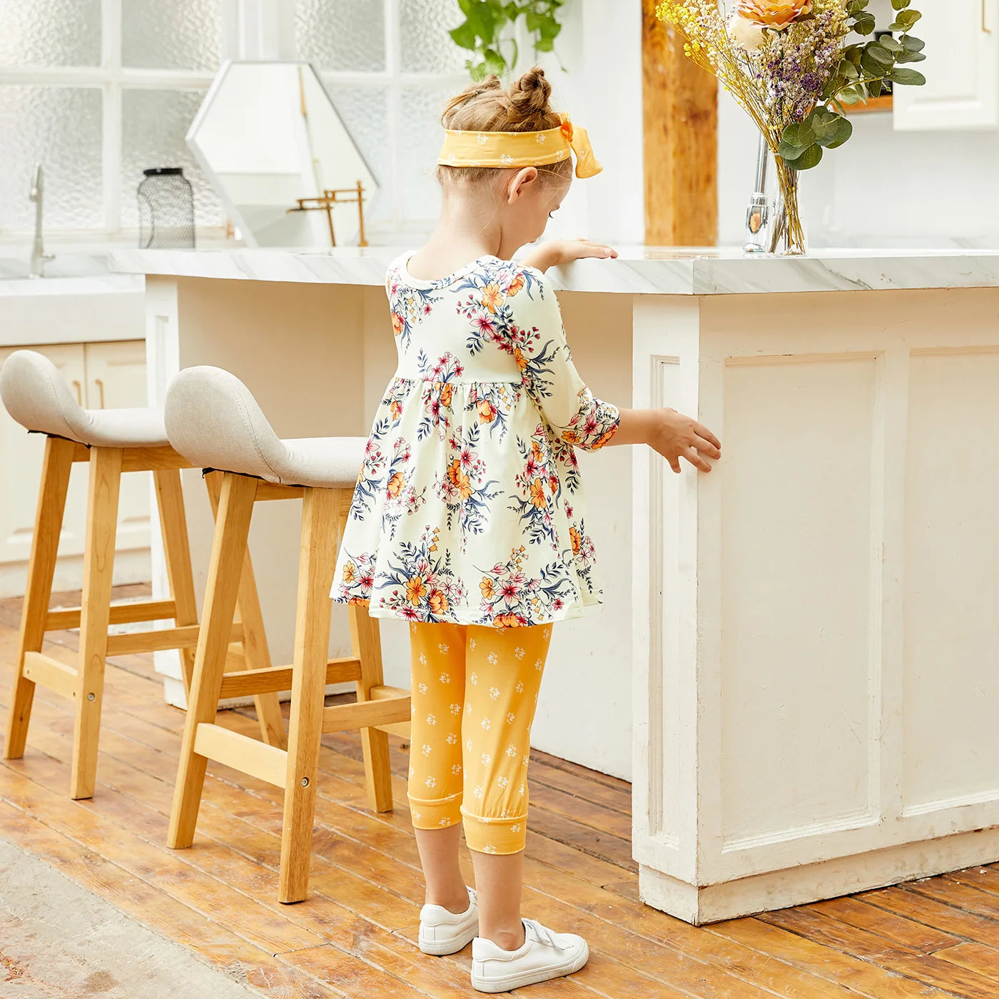 Baby/Toddler Girls Floral Dress Top and Polka Dots Trousers with Headband Set (Age 12M-5YRS)