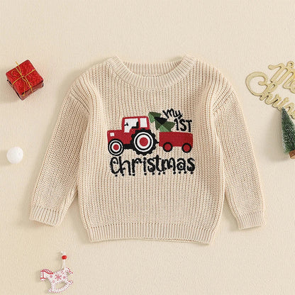 Baby Girls/Boys Christmas Tractor Ribbed Jumper (Age 3M-18M)