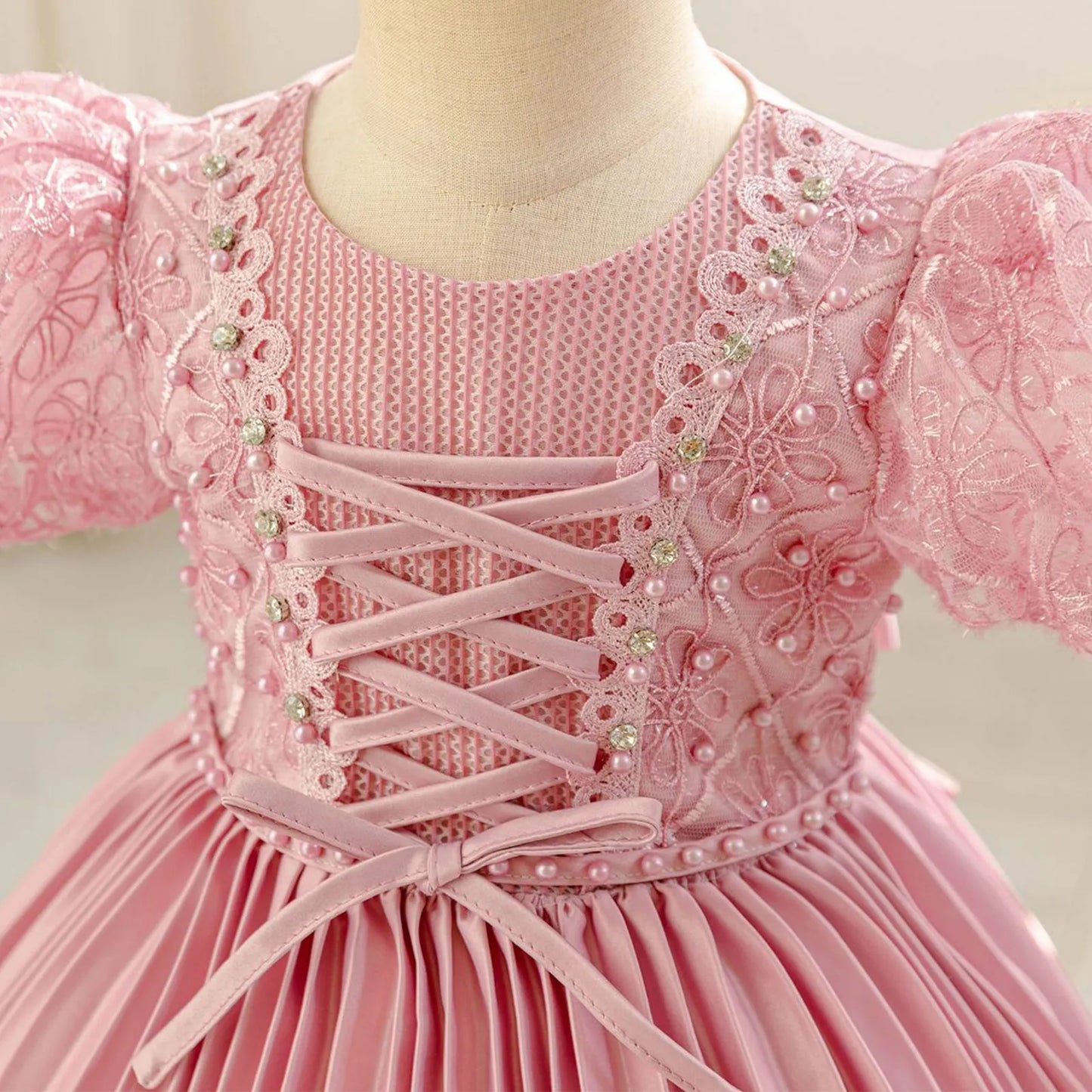 Baby Girls Princess Puff Sleeves Satin Faux Pearls Pleated Tulle Dress (9M-5YRS)