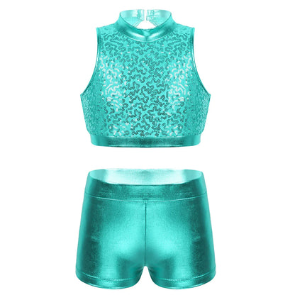 Girls Dance Costume Sequin Crop Top & Shorts Set (Age 6-12 YRS)