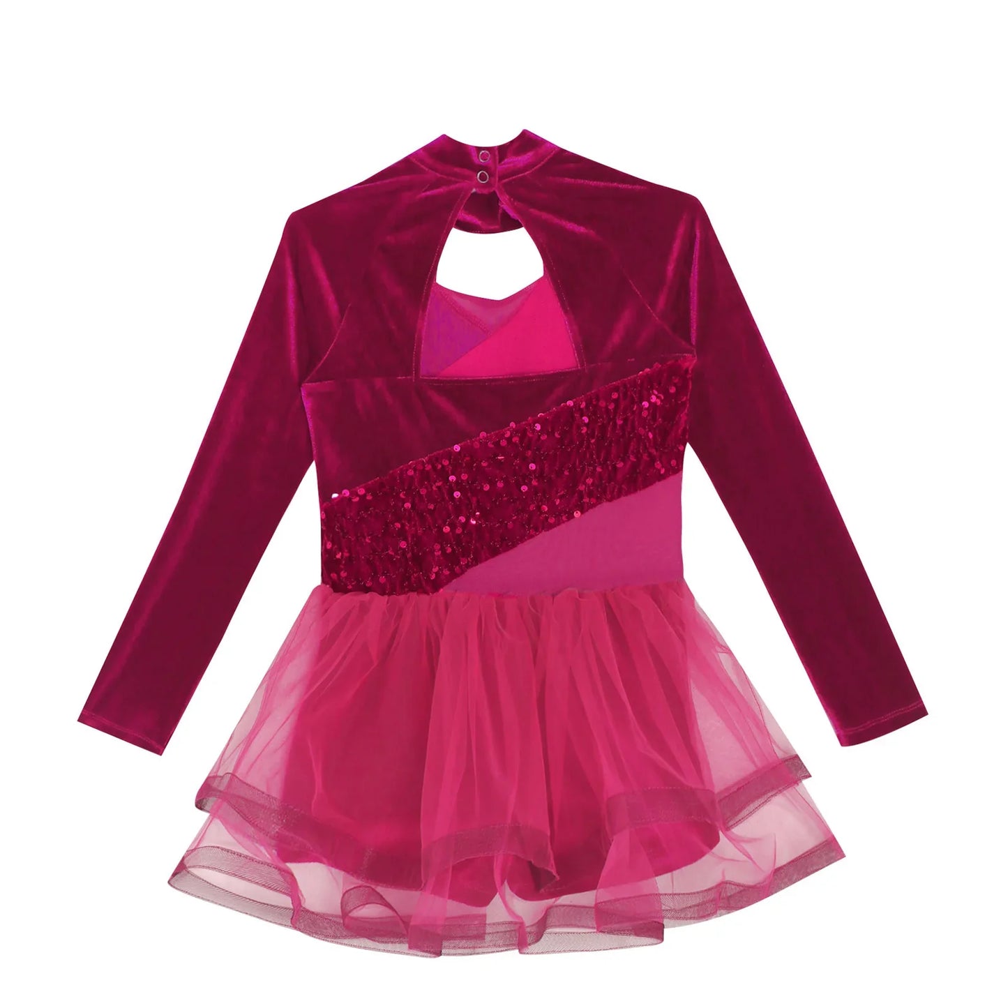 Girls Figure Skating Dance Costume Sequin Long Sleeve Velvet Mesh Leotard Dress (Age 6-14 YRS)