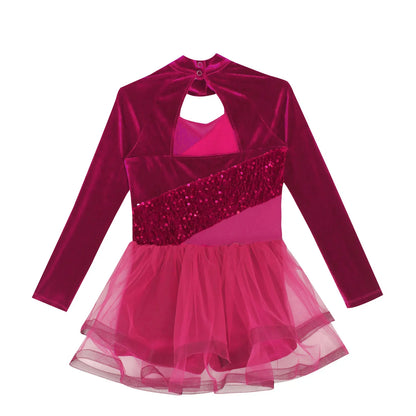 Girls Figure Skating Dance Costume Sequin Long Sleeve Velvet Mesh Leotard Dress (Age 6-14 YRS)