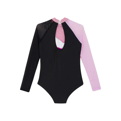 Girls Ballet Dance Leotard Gymnastics  Rhinestones Sheer Mesh Long Sleeve (Age 4-16 YRS)
