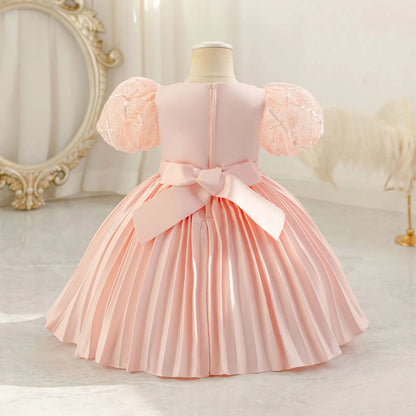 Baby Girls Princess Puff Sleeves Satin Faux Pearls Pleated Tulle Dress (9M-5YRS)