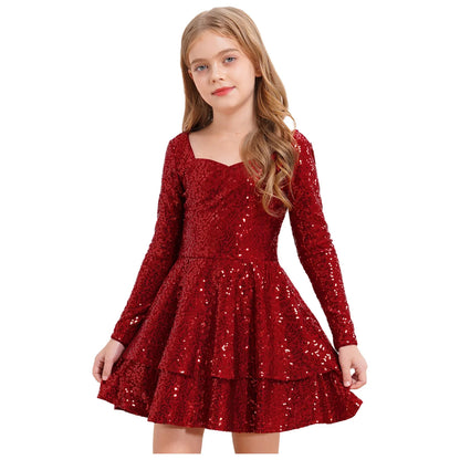 Girls Sequin Long Sleeve Double Layer Hemline Dress (Age 6-14 YRS)