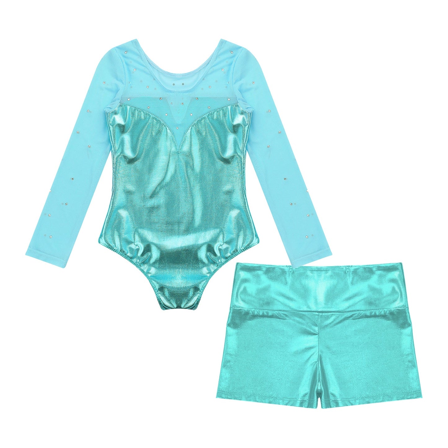 Girls Rhinestone Metallic Dance Bodysuit & Shorts Set (Age 4-12 YRS)