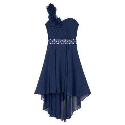 Girls Applique One-Shoulder Ruched Asymmetrical Hem Dress (Age 6-16YRS)