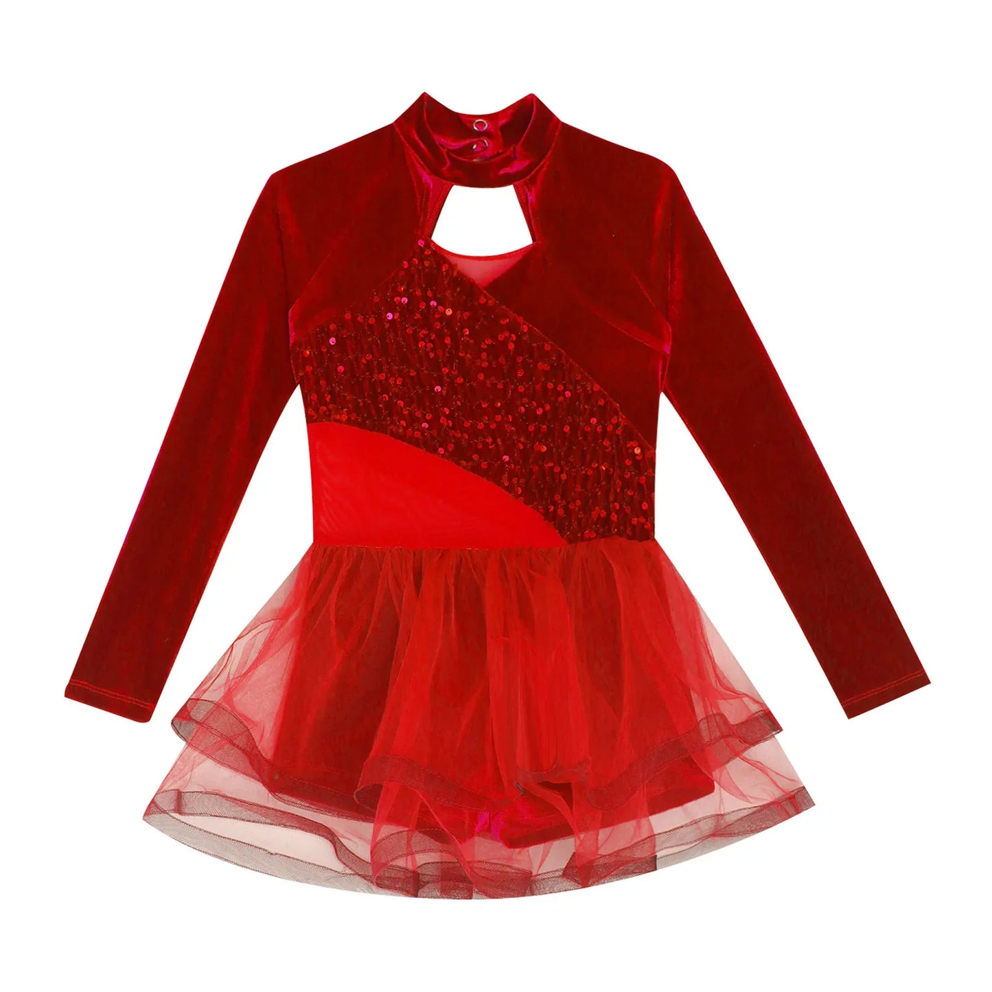 Girls Figure Skating Dance Costume Sequin Long Sleeve Velvet Mesh Leotard Dress (Age 6-14 YRS)