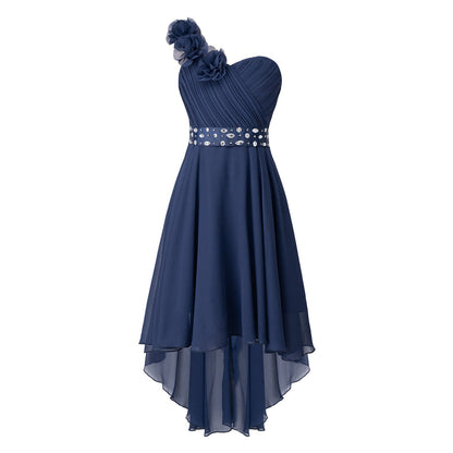 Girls Applique One-Shoulder Ruched Asymmetrical Hem Dress (Age 6-16YRS)