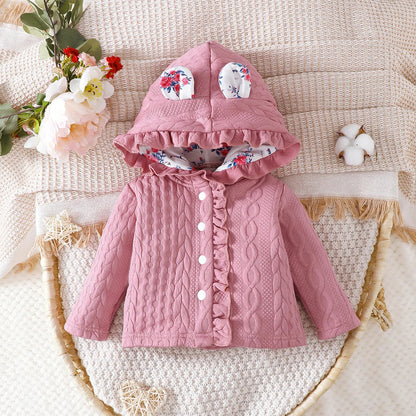 Baby Girls Pink Long Sleeve Jacket Lace Hooded Ears (Age 6M-3YRS)