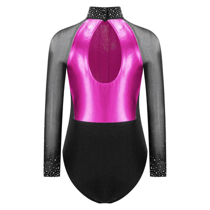 Girls Dance Performance Costume Long Sleeve Rhinestone Leotard (Age 6-16 YRS)