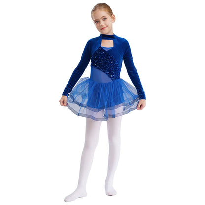 Girls Figure Skating Dance Costume Sequin Long Sleeve Velvet Mesh Leotard Dress (Age 6-14 YRS)