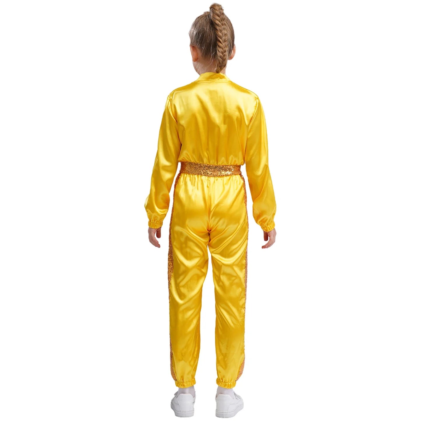 Girls Sequin Satin m Long Sleeve Zipper Jumpsuit (Age 6-16 YRS)