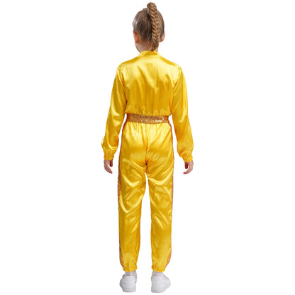 Girls Sequin Satin m Long Sleeve Zipper Jumpsuit (Age 6-16 YRS)