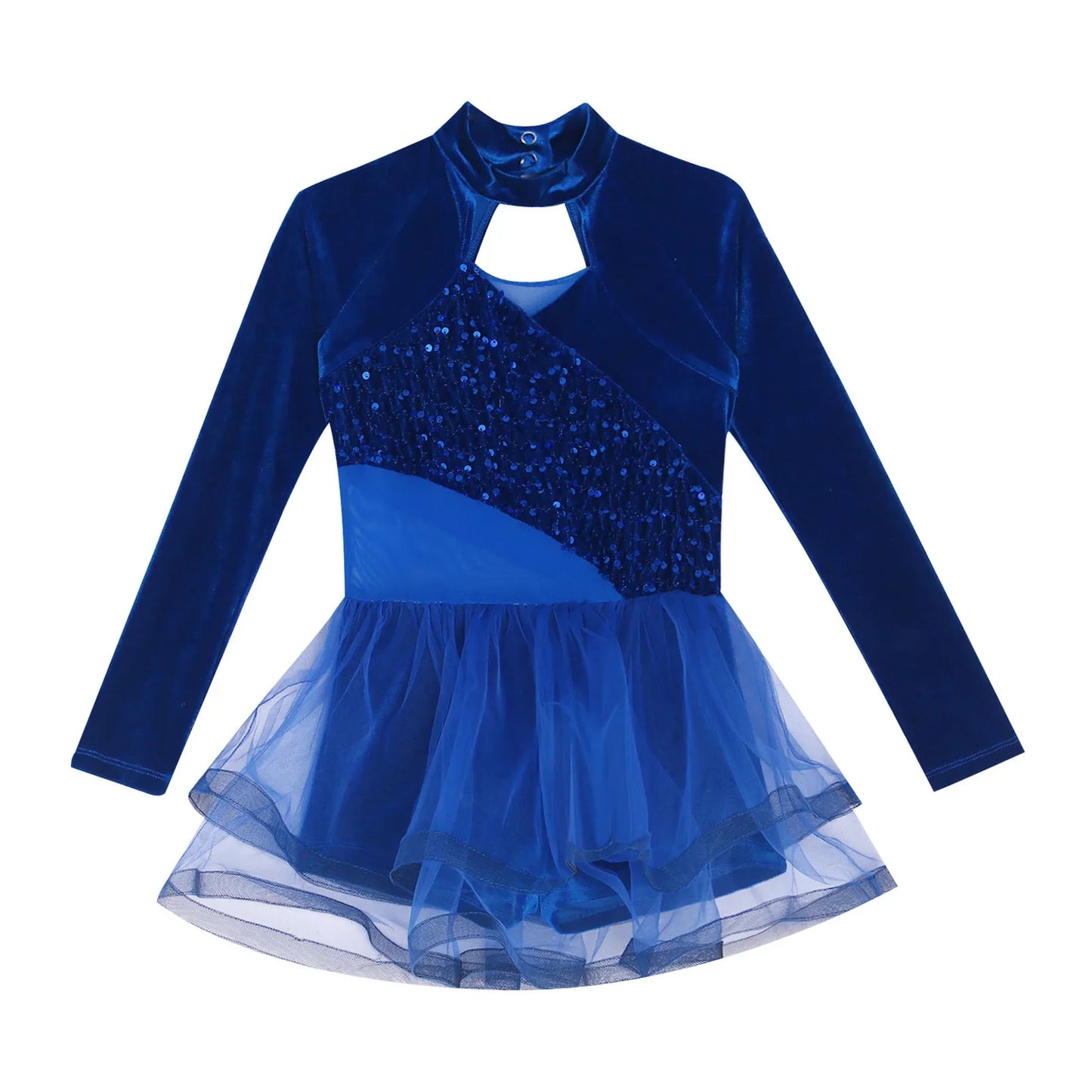 Girls Figure Skating Dance Costume Sequin Long Sleeve Velvet Mesh Leotard Dress (Age 6-14 YRS)