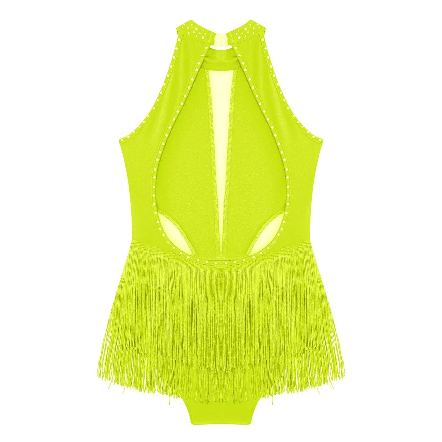 Girls Dance Costume Sleeveless Rhinestone Tassel Leotard (Age 6-16 YRS)