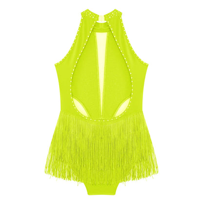 Girls Dance Costume Sleeveless Rhinestone Tassel Leotard (Age 6-16 YRS)