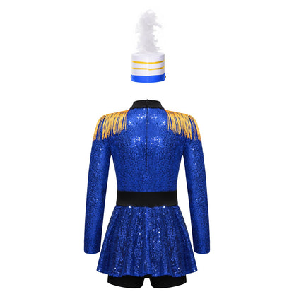 Girls Halloween Circus Ringmaster  Costume Long Sleeve Sequin Leotard Dress (Age 6-14YRS)