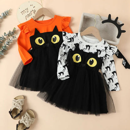 Halloween Infant Baby Girls Tulle Costume Cute Black Cat Lace Dress Ruffles Long Sleeve Princess Clothes Party Outfits