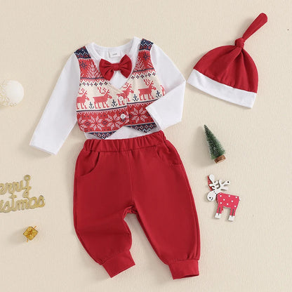 Baby Boys Christmas Gentleman Bodysuit Trousers & Hat Outfit (Age Newborn - 18M)