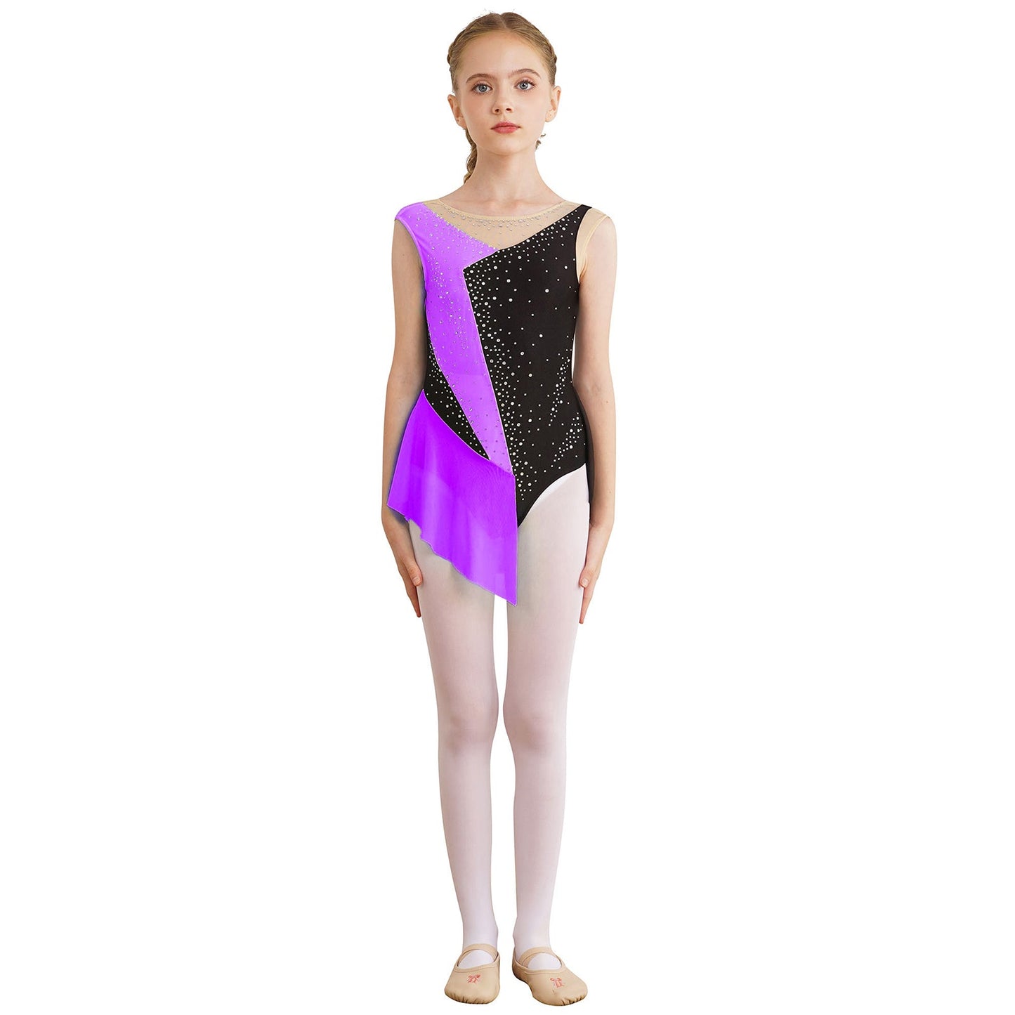 Rhinestone Gymnastics Figure Skating Dress for Teen Girls Sleeveless Sheer Mesh Tutu Ballet Leotard Lyrical Performance Costume