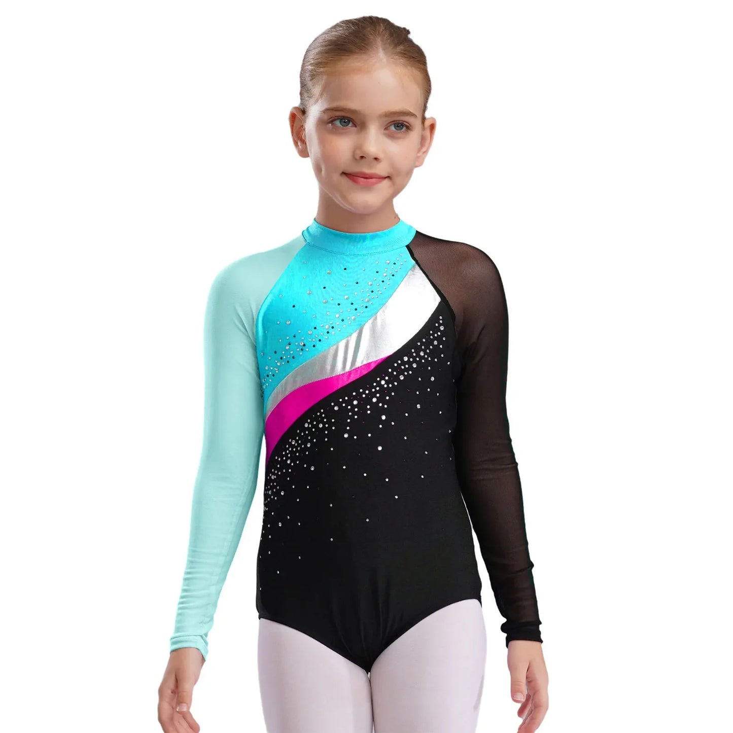 Girls Ballet Dance Leotard Gymnastics  Rhinestones Sheer Mesh Long Sleeve (Age 4-16 YRS)