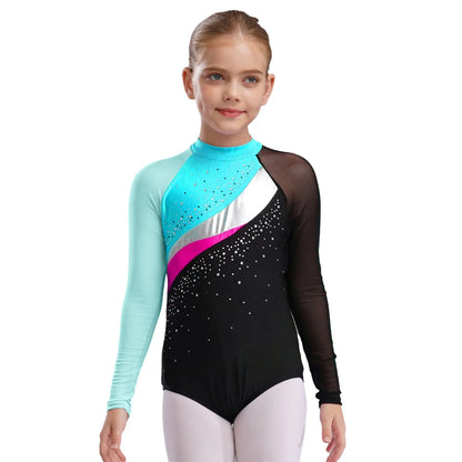 Girls Ballet Dance Leotard Gymnastics  Rhinestones Sheer Mesh Long Sleeve (Age 4-16 YRS)