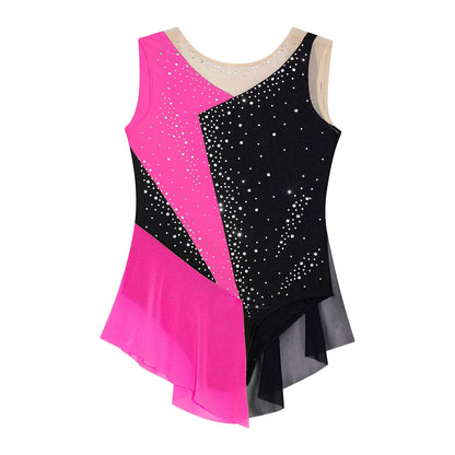 Rhinestone Gymnastics Figure Skating Dress for Teen Girls Sleeveless Sheer Mesh Tutu Ballet Leotard Lyrical Performance Costume