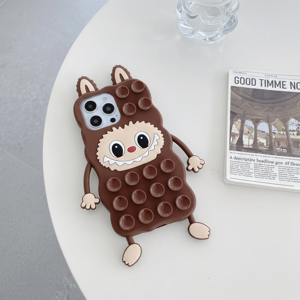 Labubu The Monsters – Phone Cover | Compatible with iPhone 13, 14, 15, 16 Max & Pro | Suction Cup Stress-Relief Design Brown